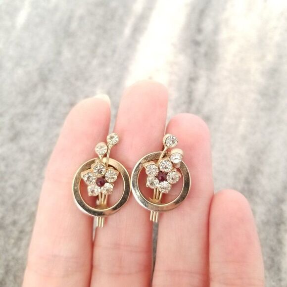 Vintage Karu Rhinestone Flower Clip On Earrings, Screw Backs, Retro Estate - Picture 1 of 6